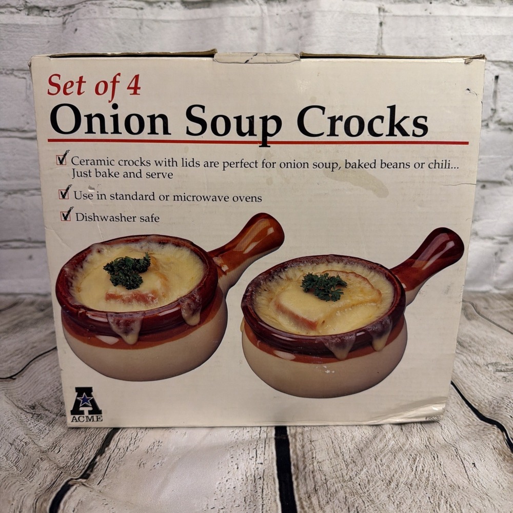 Acme‎ French Onion Soup Crocks Set of 4 Brown & Ivory New In Distressed Box